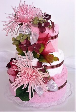 VER Textilní dort třípatrový-růžové chryzantémy